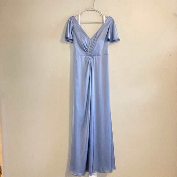 Azazie A-line Empire Waist Pleated Satin Bridesmaid Dress Womens 6-8 Blue Poly - Picture 2 of 12